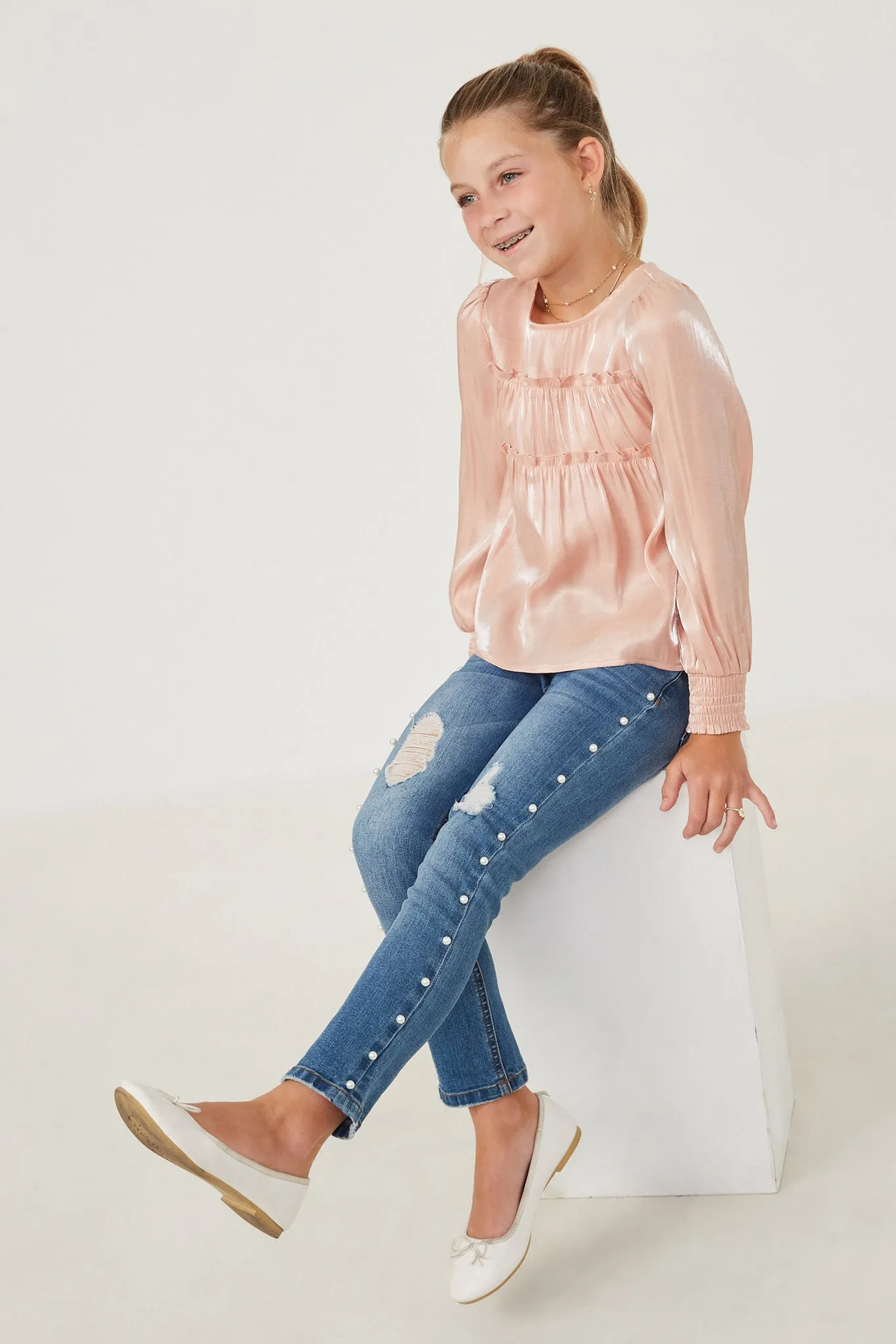 Iridescent Ruffled Smock Cuff Top