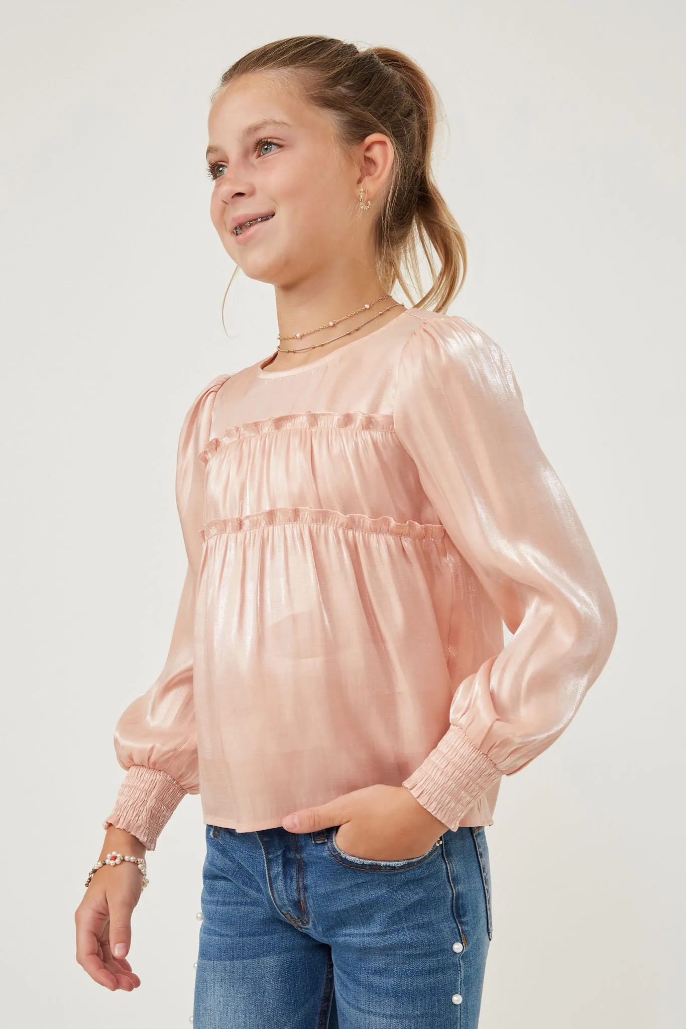 Iridescent Ruffled Smock Cuff Top