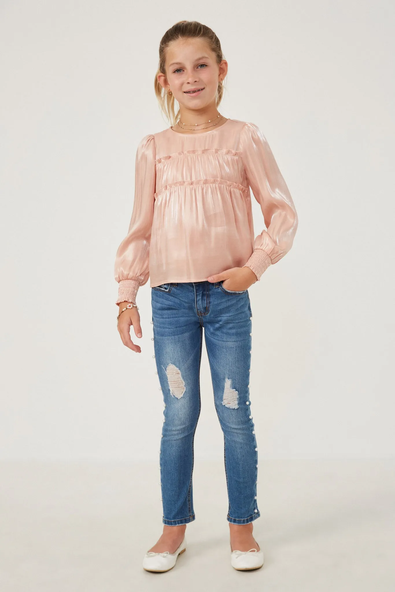 Iridescent Ruffled Smock Cuff Top