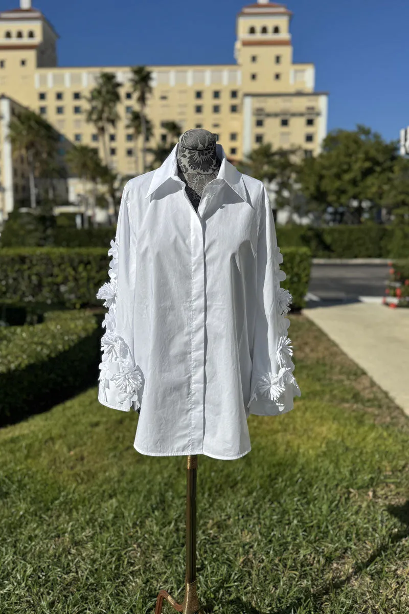 Italian White Button Down Long Sleeve Floral Detail Blouse