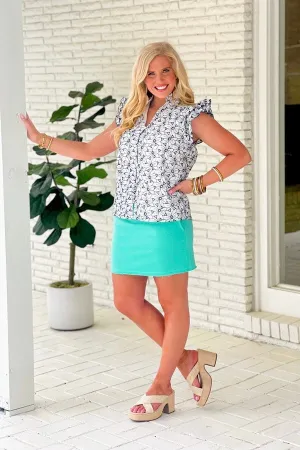 Ivory and Navy Printed Eyelet Detail Button Up Top