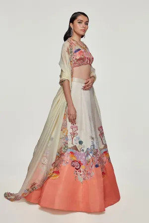 Ivory And Peach Divergence Silk Appliquéd And Embellished Lehenga With Blouse And Cutwork Organza Dupatta