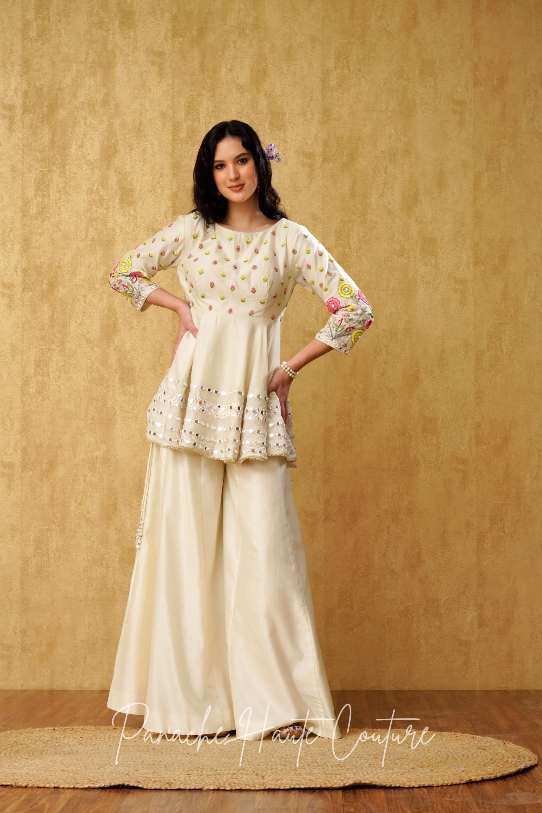 Ivory Chanderi Silk Peplum Top and Pant Set