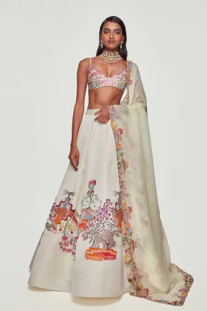 Ivory Divergence Silk Appliquéd And Embellished Lehenga With Blouse And Cutwork Organza Dupatta