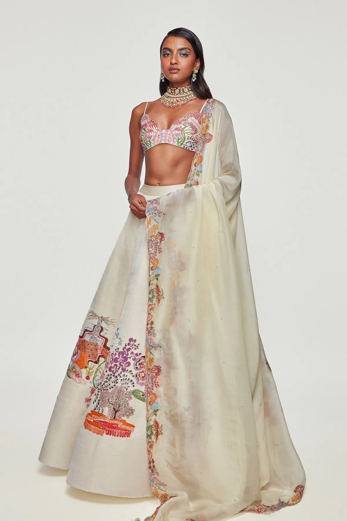 Ivory Divergence Silk Appliquéd And Embellished Lehenga With Blouse And Cutwork Organza Dupatta