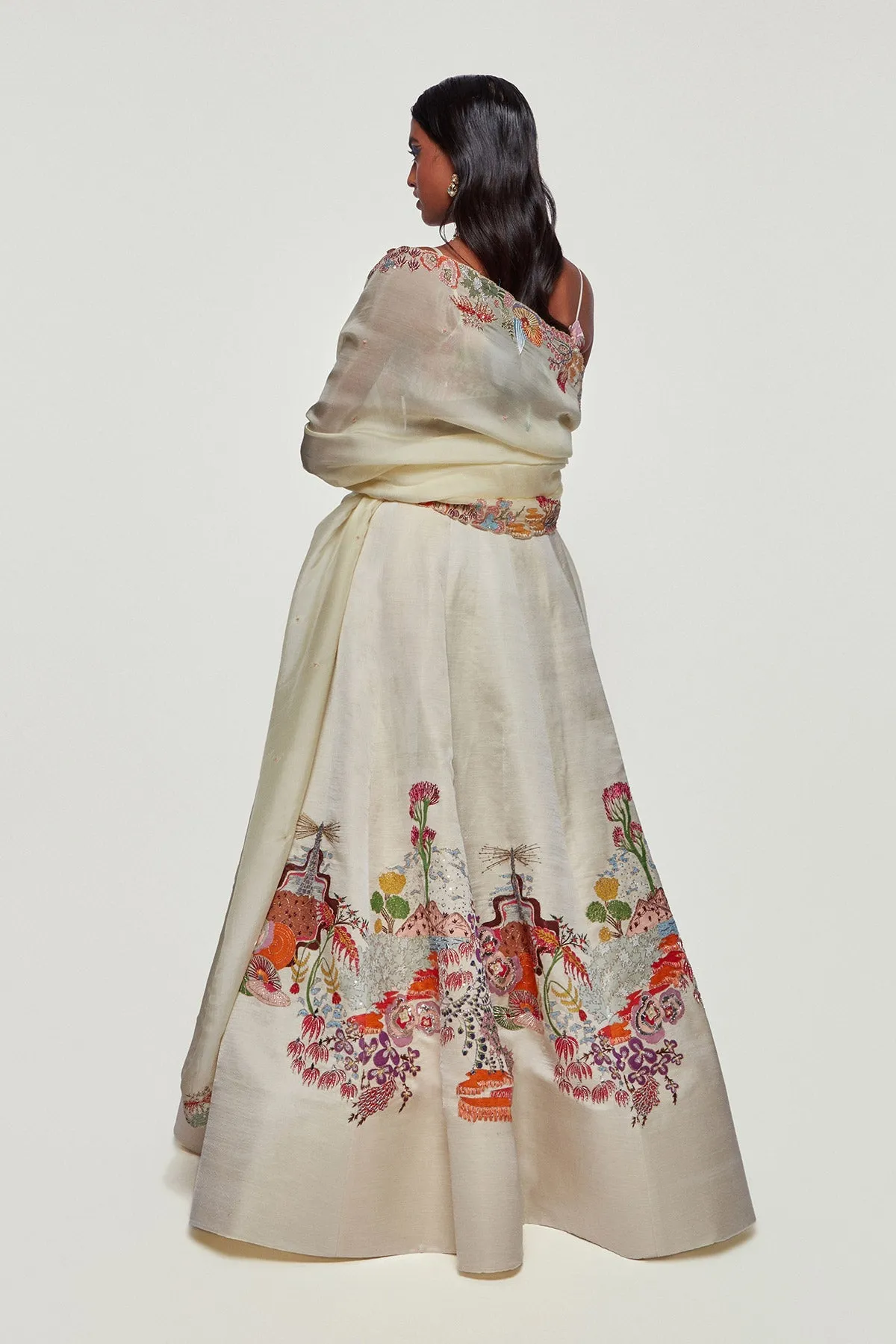 Ivory Divergence Silk Appliquéd And Embellished Lehenga With Blouse And Cutwork Organza Dupatta