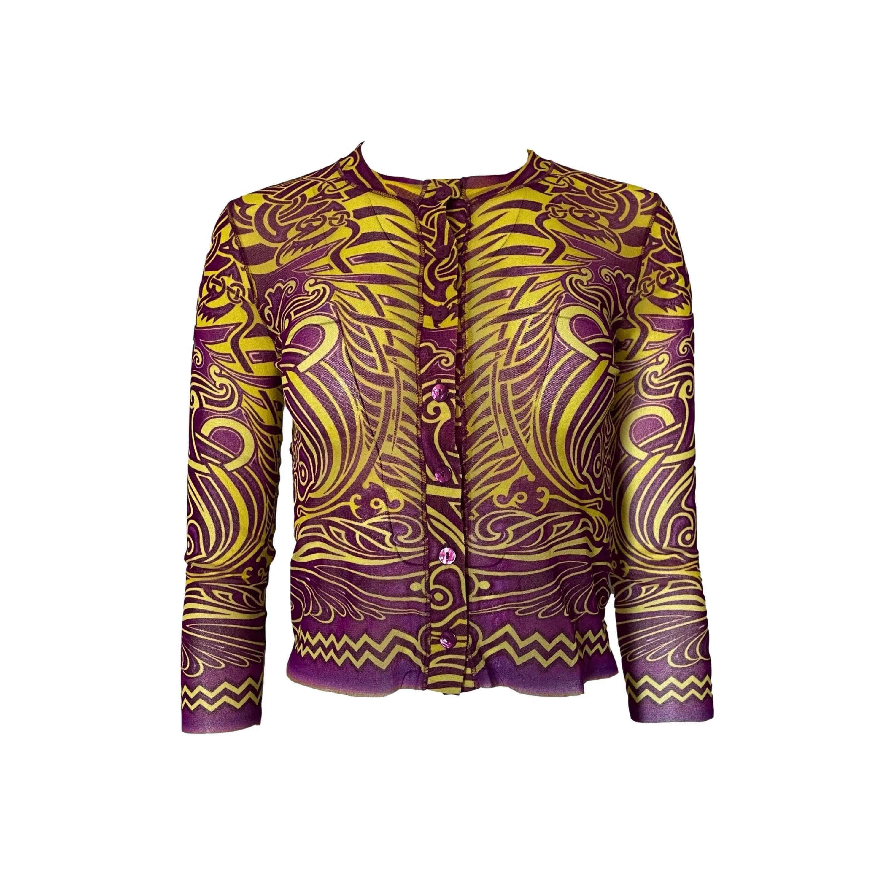 Jean Paul Gaultier Purple Print Mesh Button Down Crop Top
