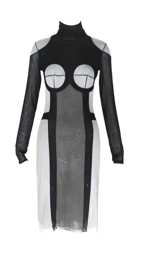 Jean Paul Gaultier Soleil Black and Grey Colorblock Mesh Dress, SS90 Reissue, Size L