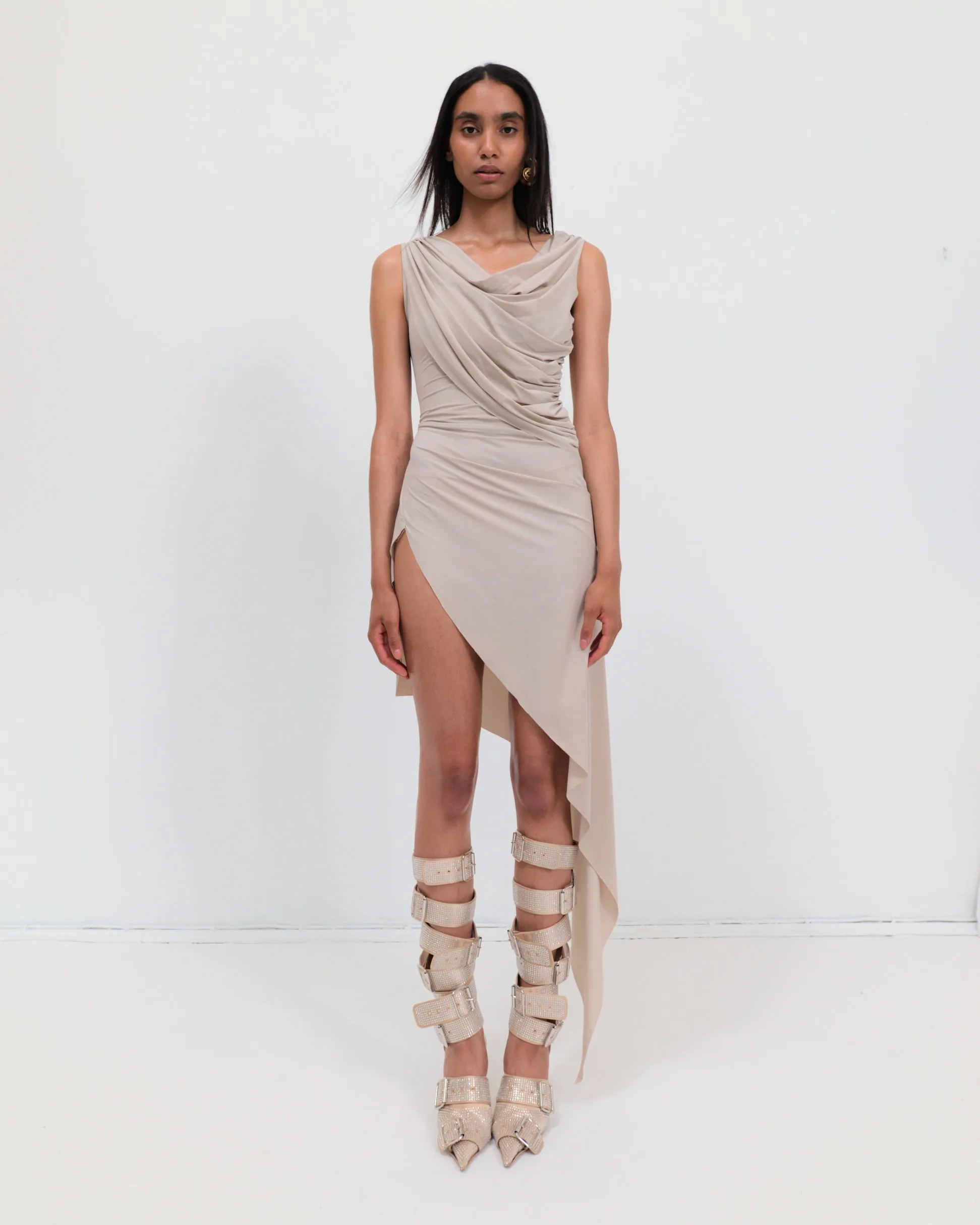 Jersey draped dress in sand gray