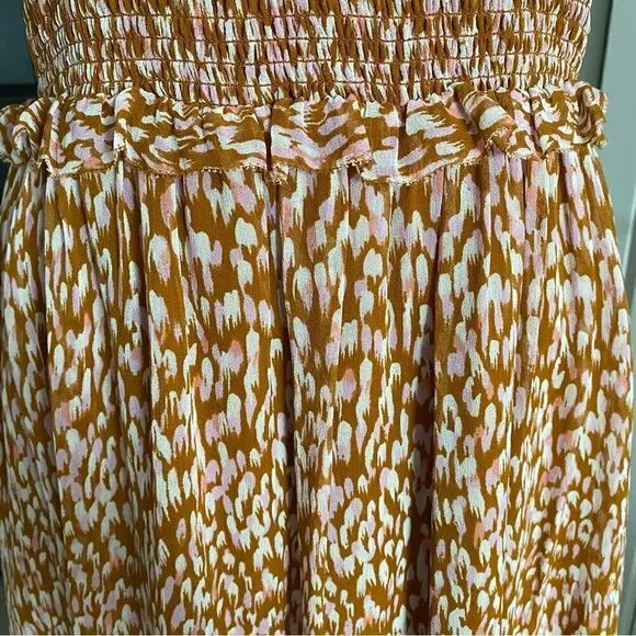 Joie Neutral Tan Sleeveless Boho Prairie Style Midi Dress 100% Silk Size M