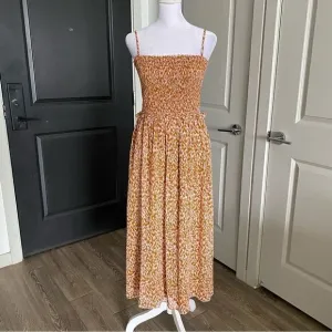 Joie Neutral Tan Sleeveless Boho Prairie Style Midi Dress 100% Silk Size M