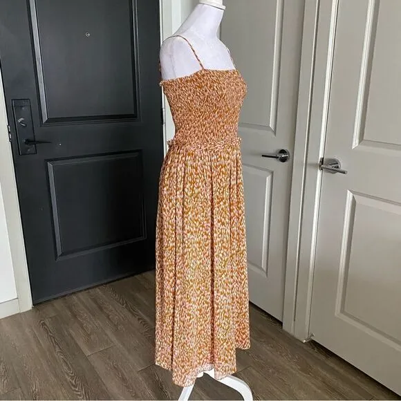 Joie Neutral Tan Sleeveless Boho Prairie Style Midi Dress 100% Silk Size M