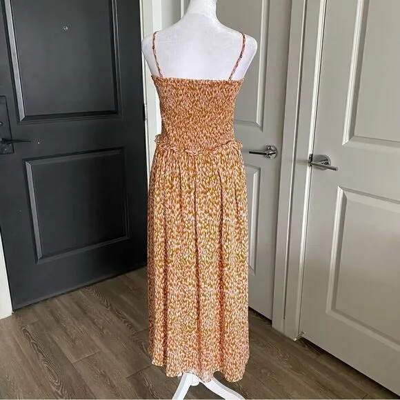 Joie Neutral Tan Sleeveless Boho Prairie Style Midi Dress 100% Silk Size M