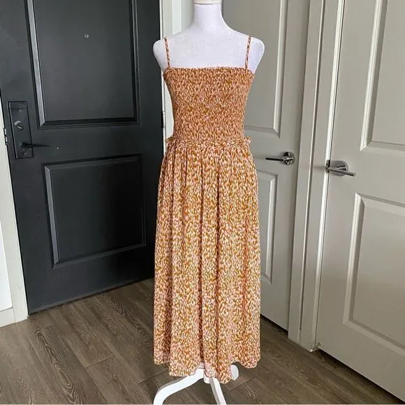 Joie Neutral Tan Sleeveless Boho Prairie Style Midi Dress 100% Silk Size M