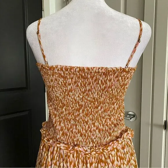 Joie Neutral Tan Sleeveless Boho Prairie Style Midi Dress 100% Silk Size M