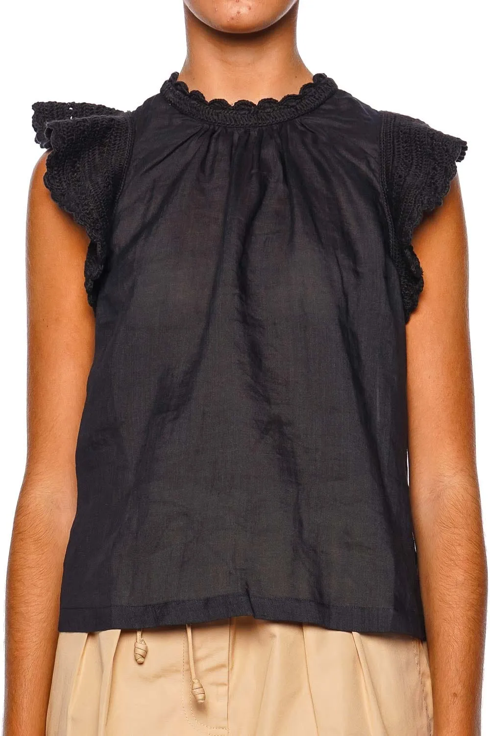 Kai Noir Ruffled Crochet-Sleeve Top