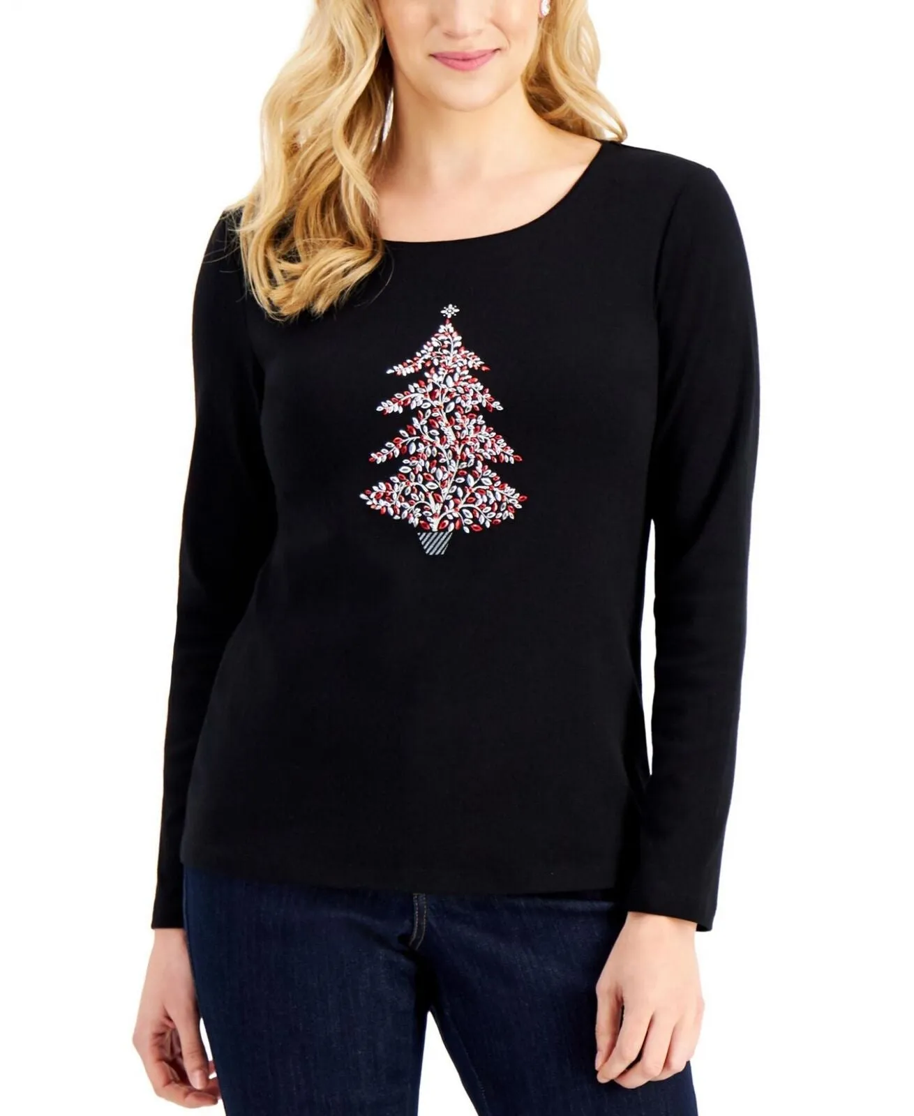 Karen Scott Womens Cotton Embellished Graphic Shirt Top Black Christmas Tree L
