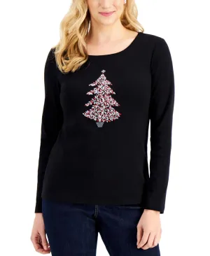 Karen Scott Womens Cotton Embellished Graphic Shirt Top Black Christmas Tree L