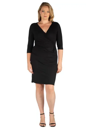 Knee Length V Neck Plus Size Wrap Dress