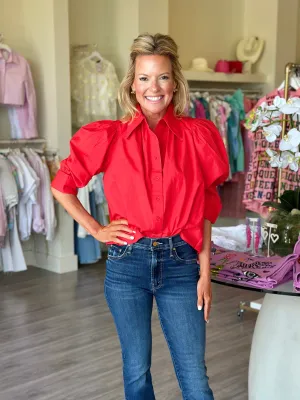 LA2312 Red Button Down Puff Sleeve Blouse