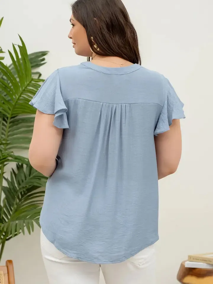 Lace Yoke Button Down Split Neck Blouse