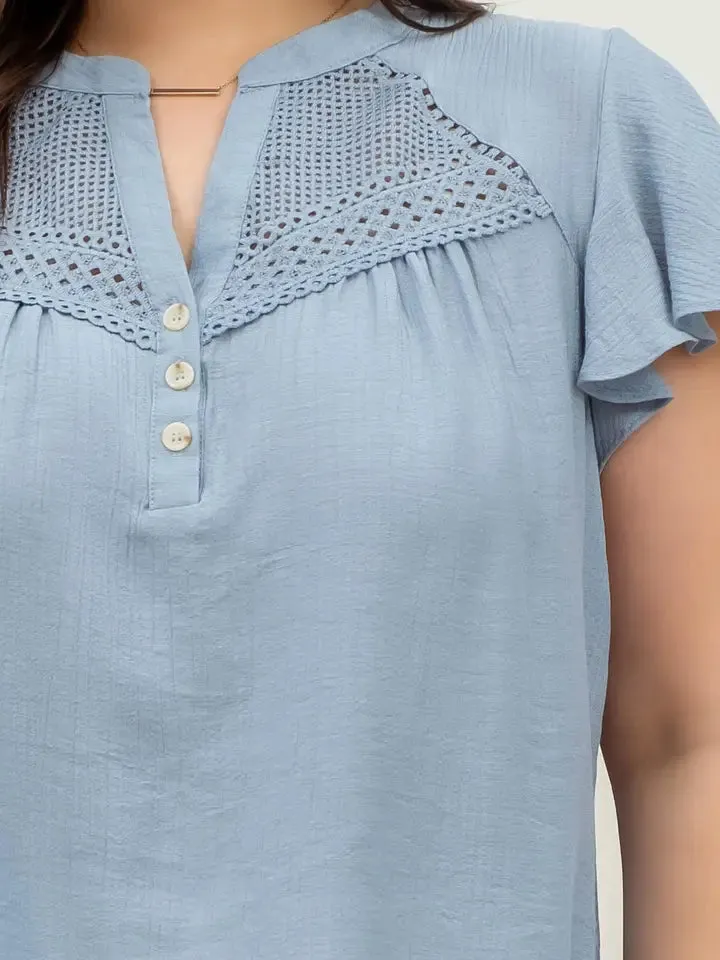 Lace Yoke Button Down Split Neck Blouse