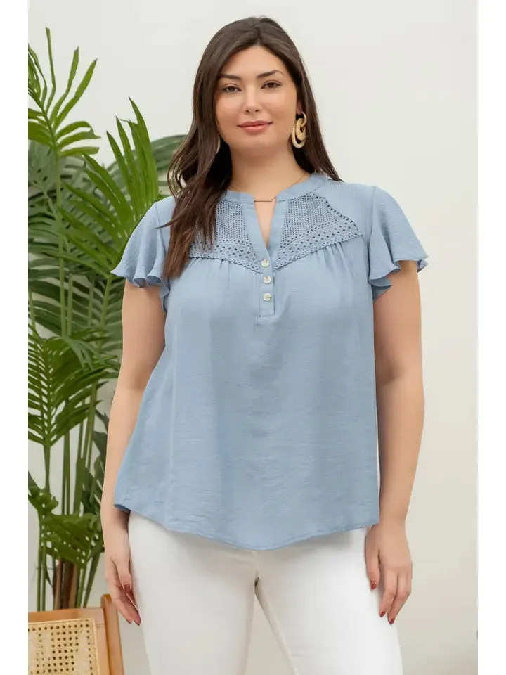 Lace Yoke Button Down Split Neck Blouse