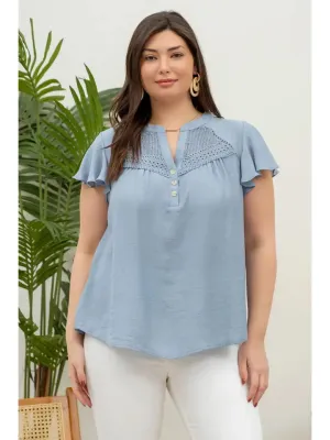 Lace Yoke Button Down Split Neck Blouse