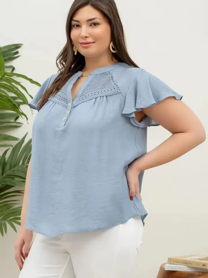 Lace Yoke Button Down Split Neck Blouse