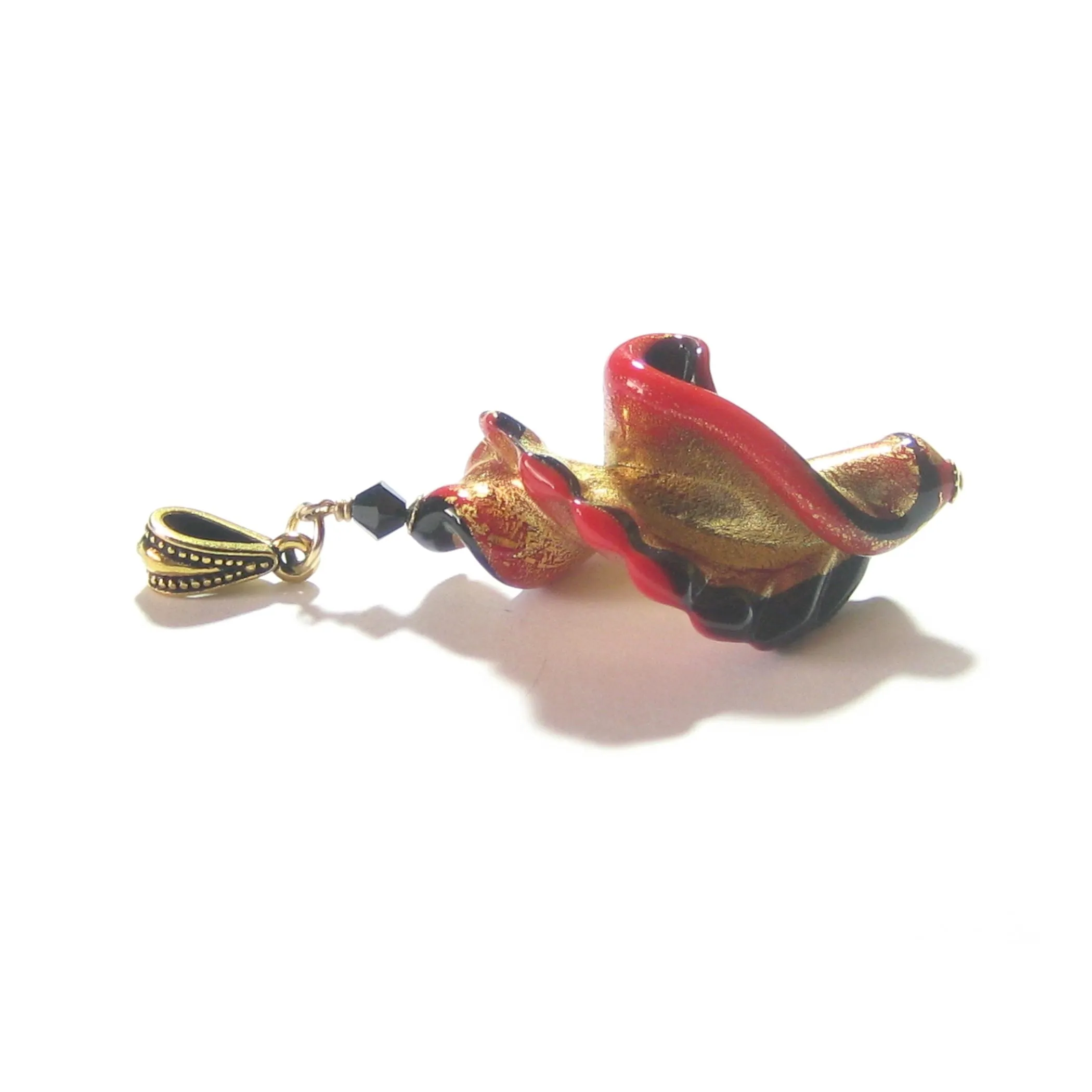Large Murano Glass Black Red Twist Gold Pendant