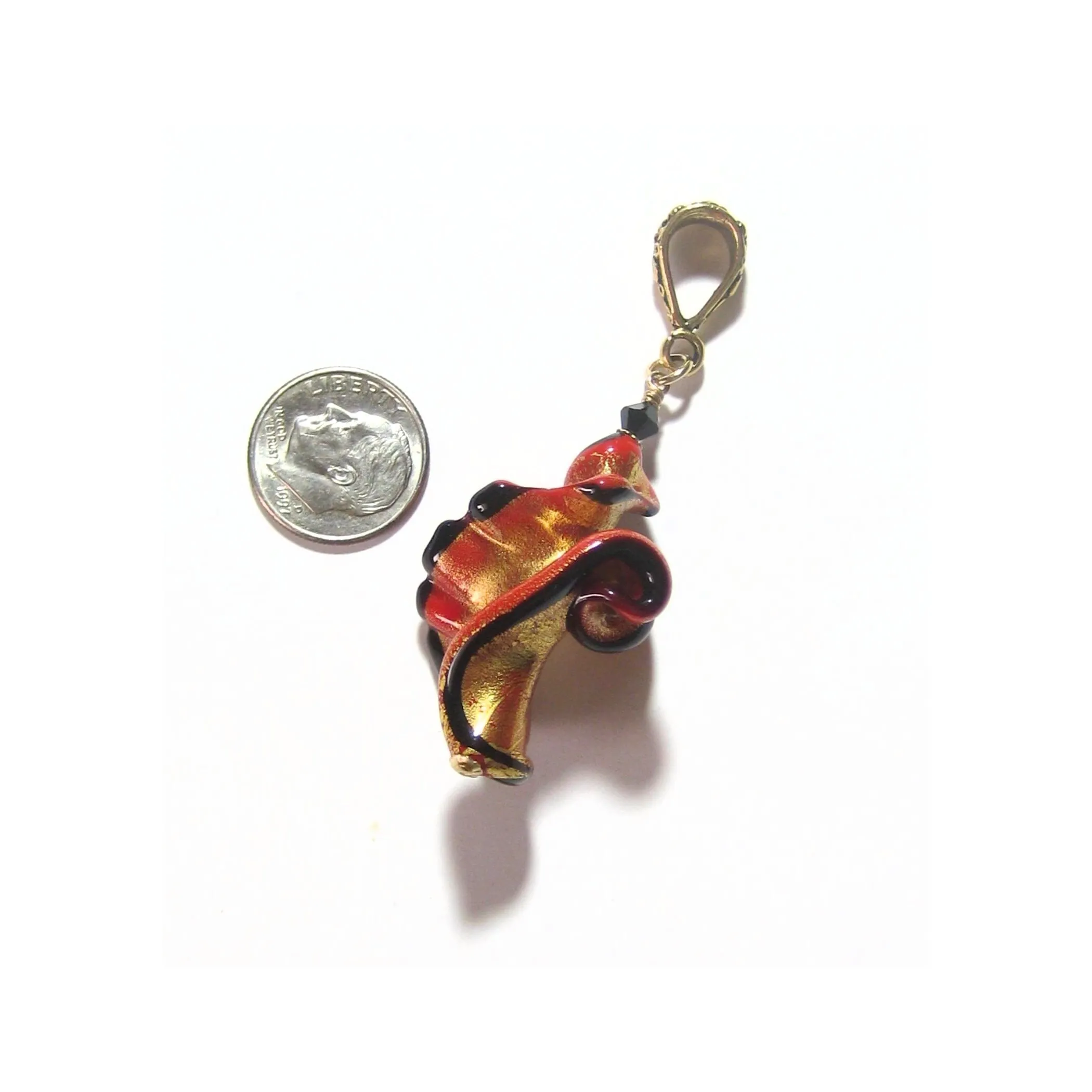 Large Murano Glass Black Red Twist Gold Pendant