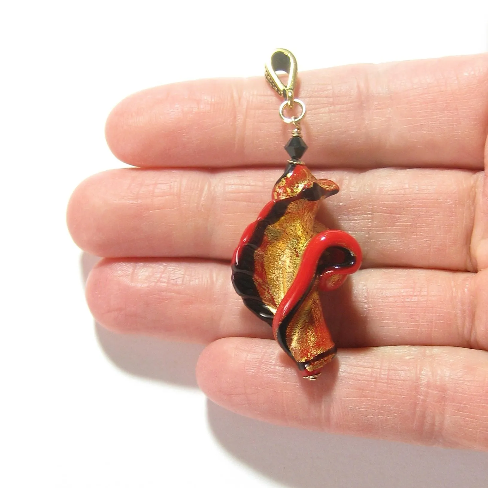 Large Murano Glass Black Red Twist Gold Pendant