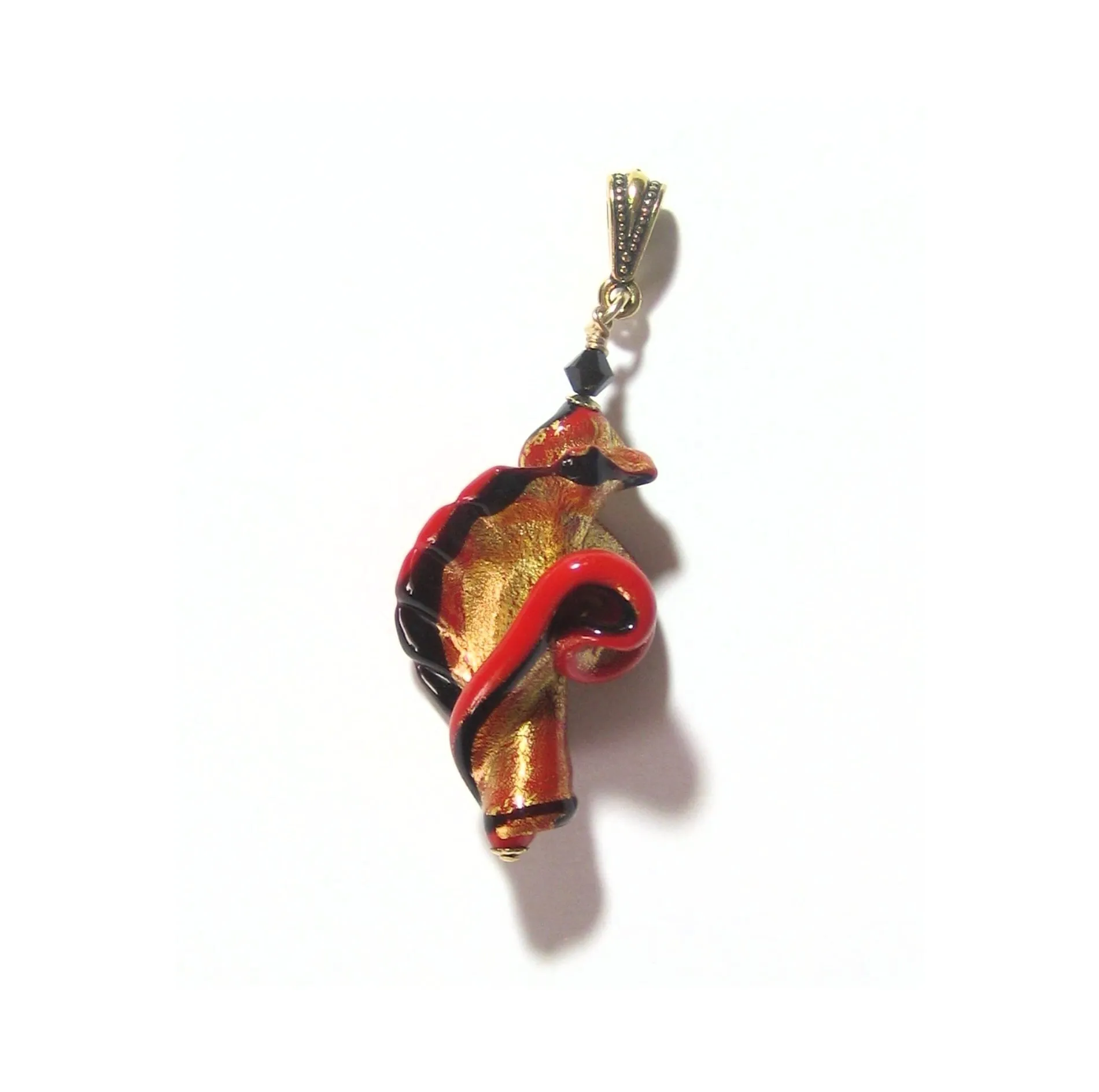 Large Murano Glass Black Red Twist Gold Pendant
