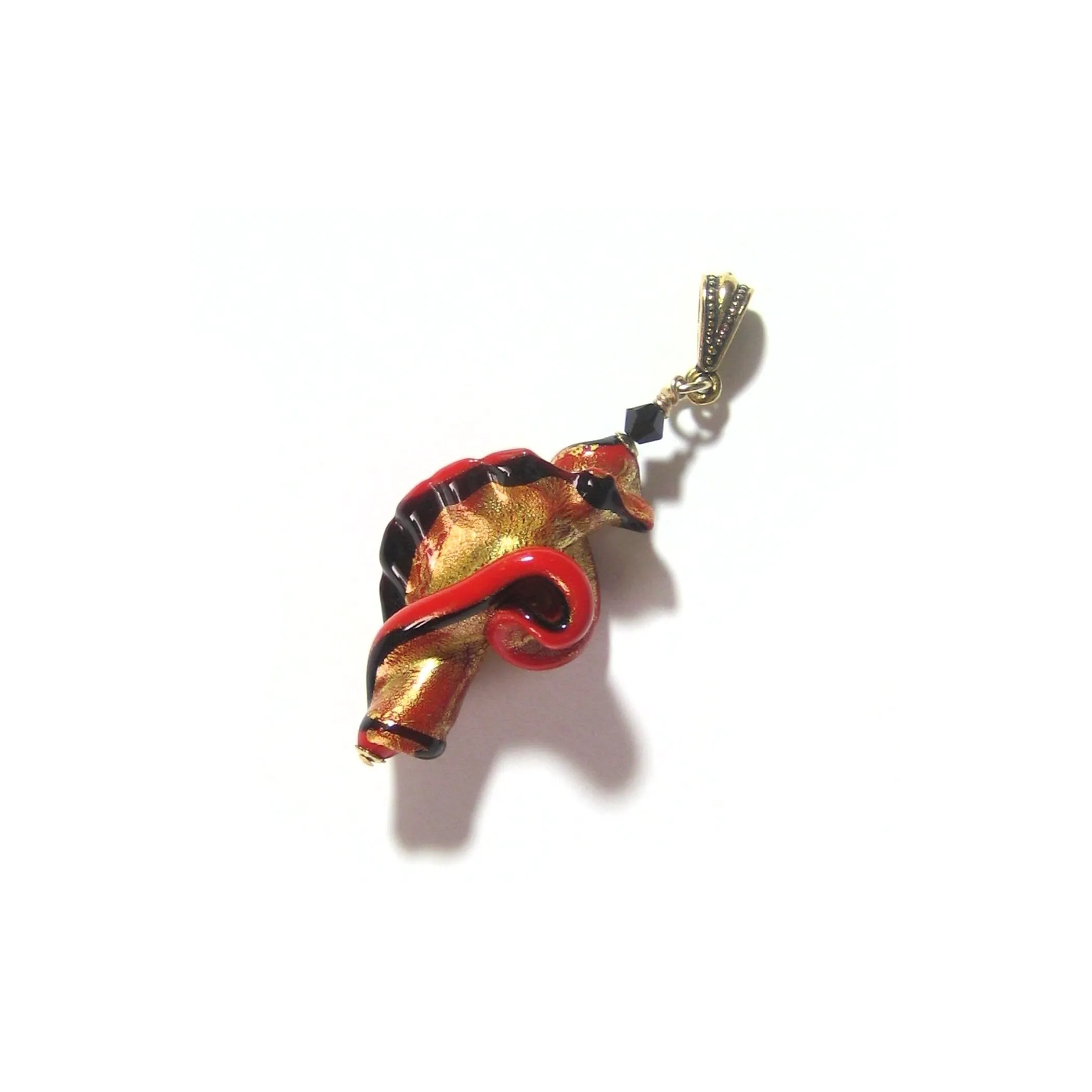 Large Murano Glass Black Red Twist Gold Pendant