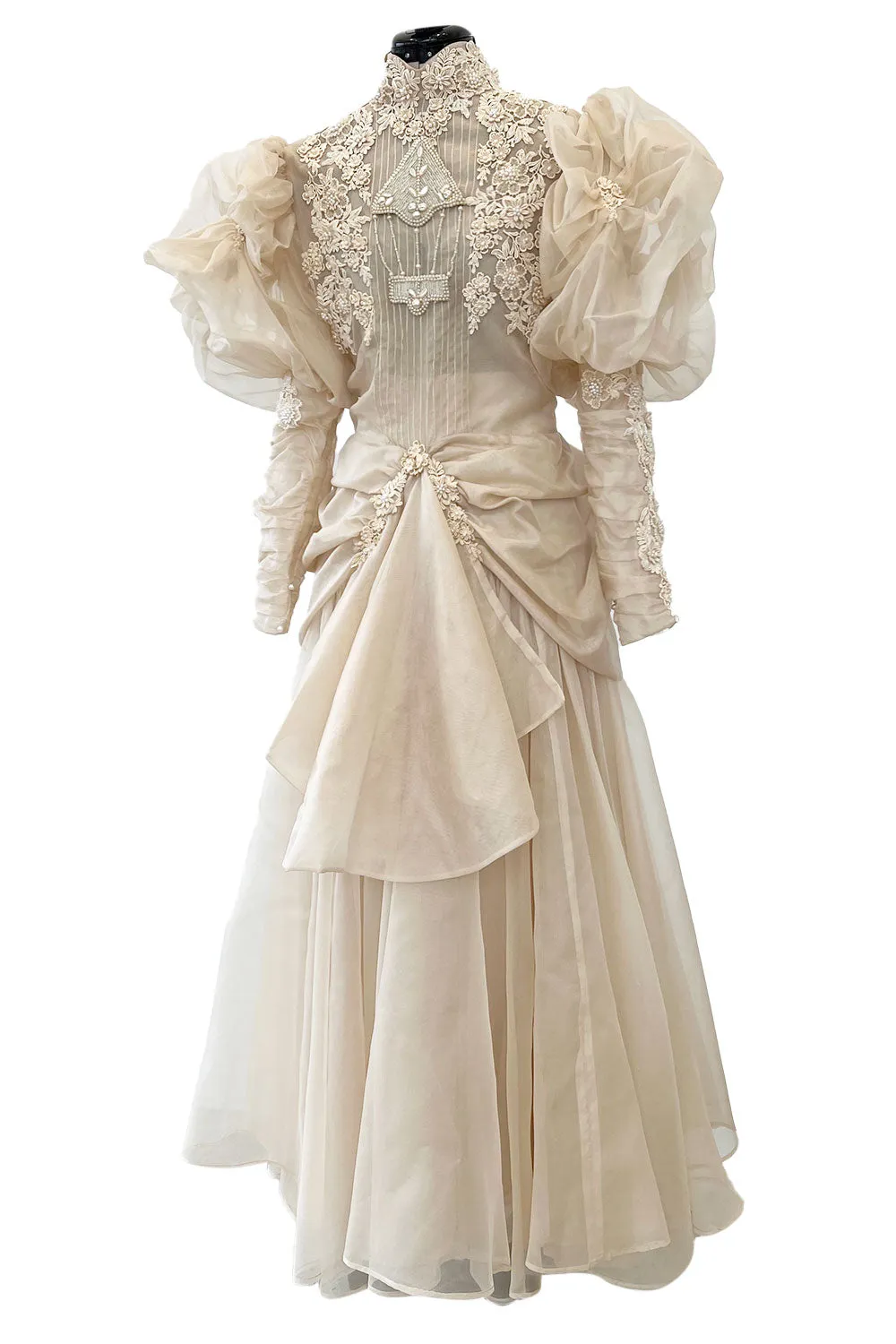 Late 1980s Capriccio Victorian Inspired Ecru Ivory Colour Silk Organza Dress Set