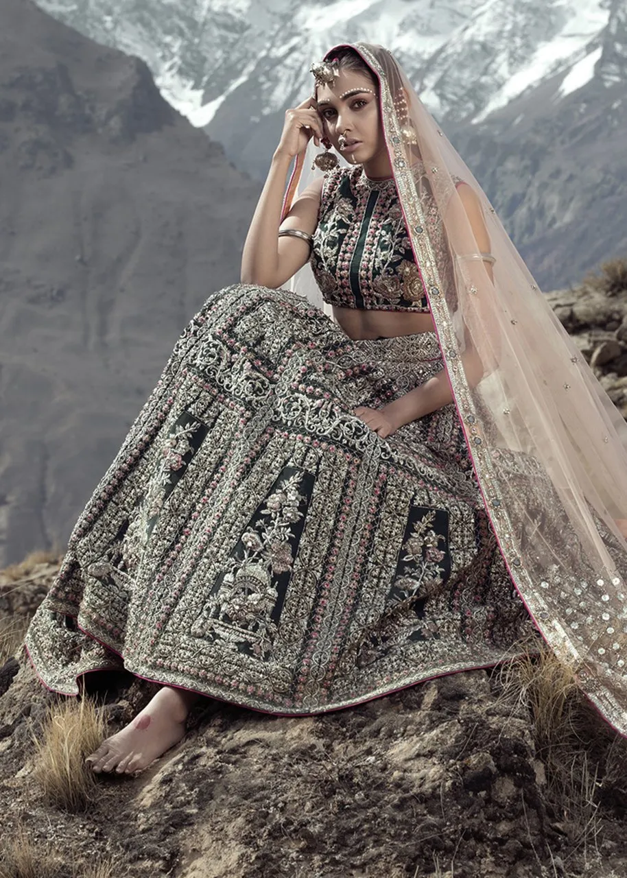 Latest Indian bridal skirt dress in green color for wedding wear # B3411