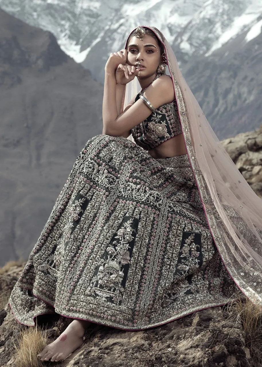 Latest Indian bridal skirt dress in green color for wedding wear # B3411