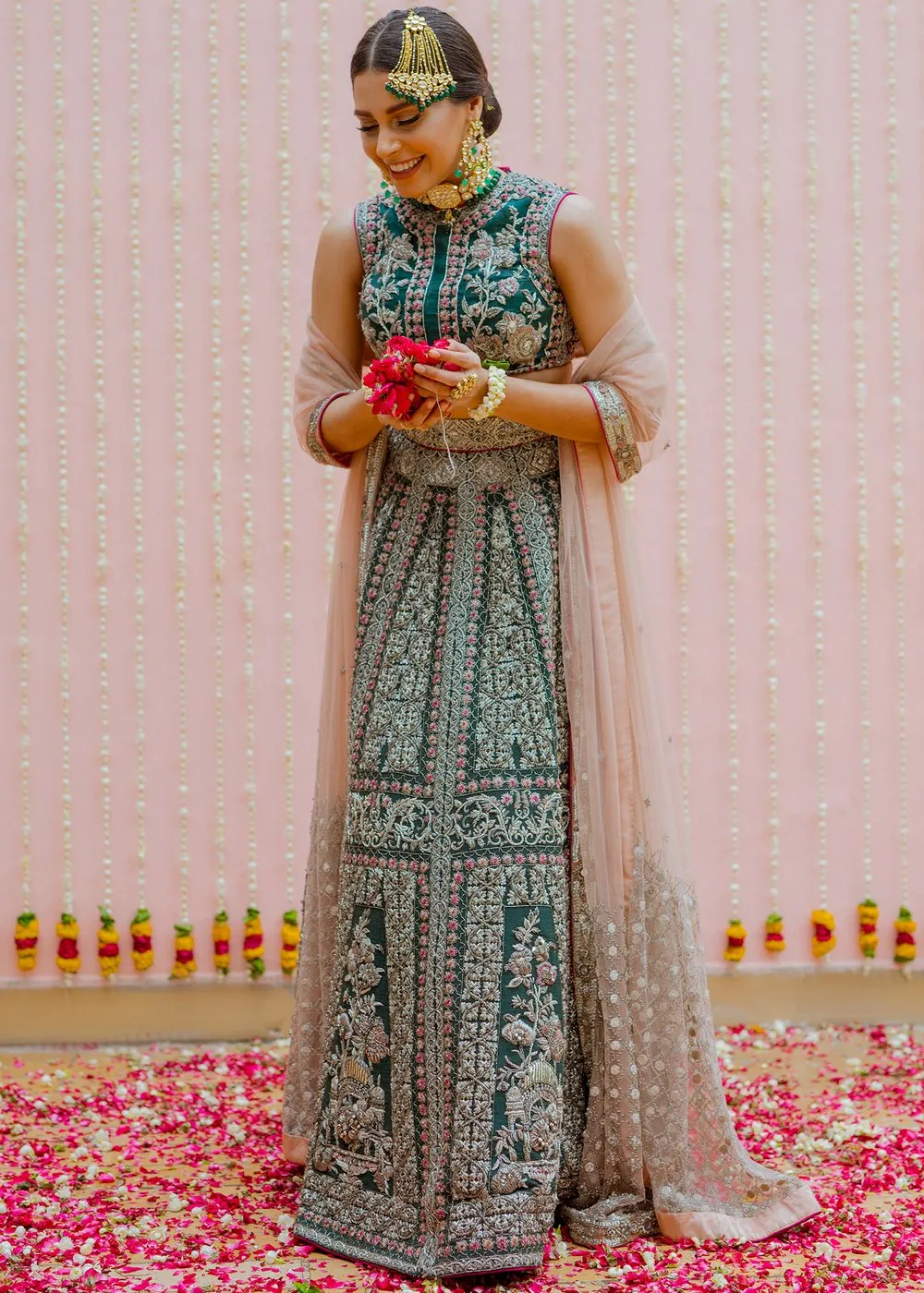 Latest Indian bridal skirt dress in green color for wedding wear # B3411