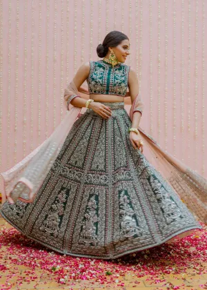 Latest Indian bridal skirt dress in green color for wedding wear # B3411