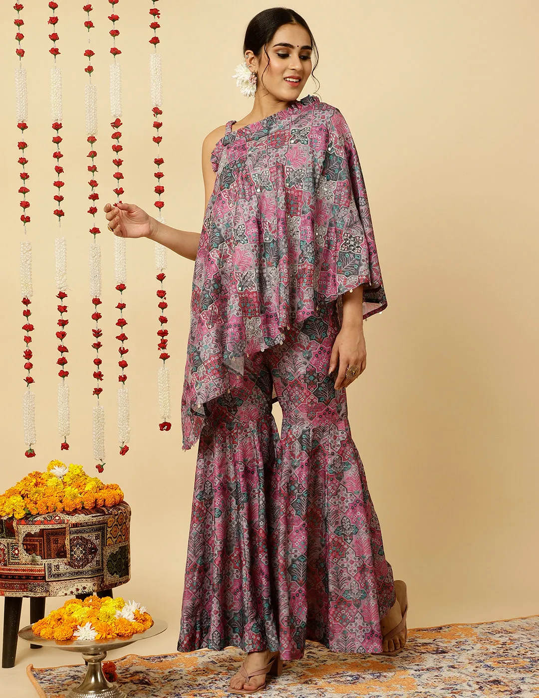 Lavender Aari Embrodiered Modernize Digital Print Co-ord Set