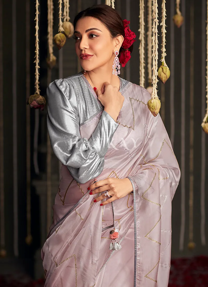 Lavender And Grey Embroidered Organza Silk Saree