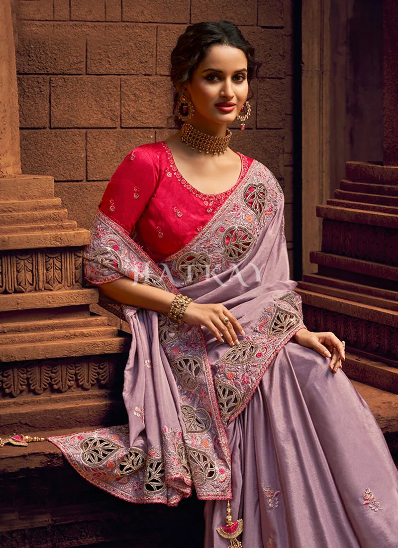 Lavender And Red Multi Embroidered Partywear Saree