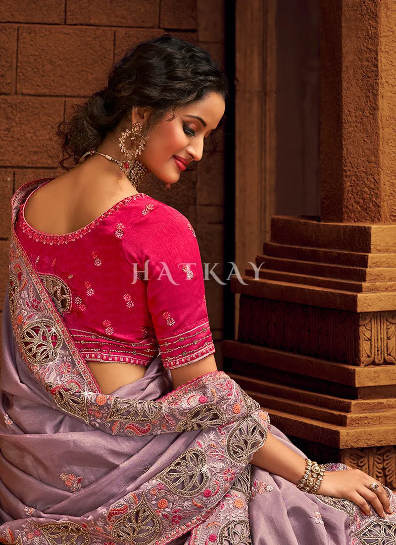 Lavender And Red Multi Embroidered Partywear Saree