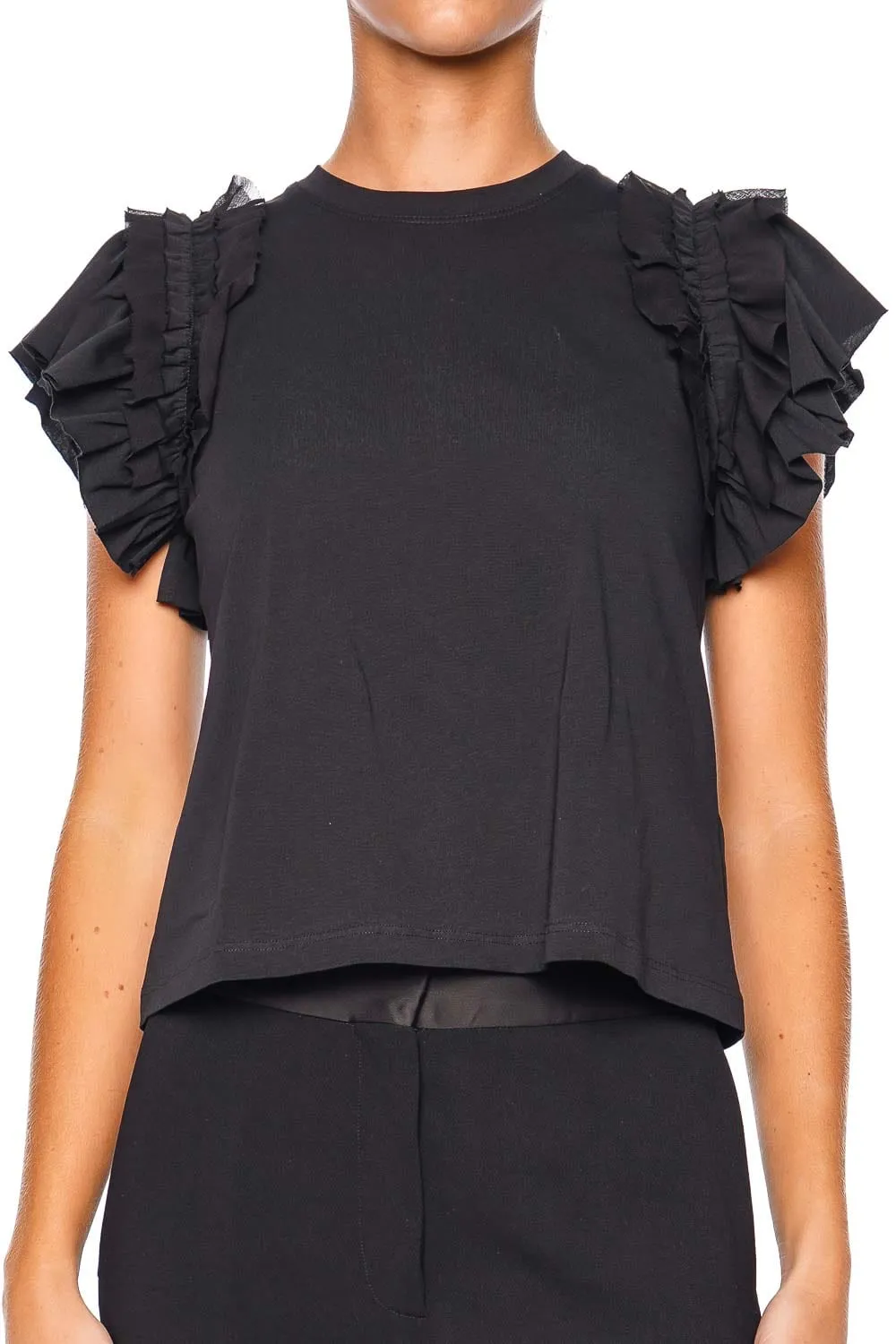 Leia Noir Ruffled Short Sleeve Top