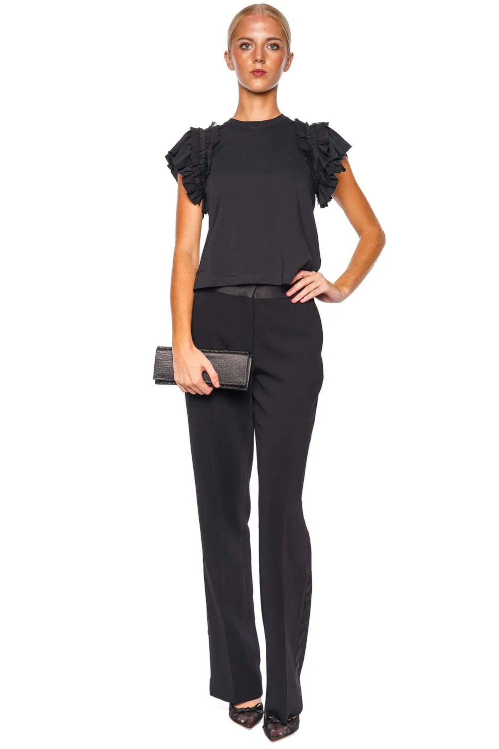 Leia Noir Ruffled Short Sleeve Top