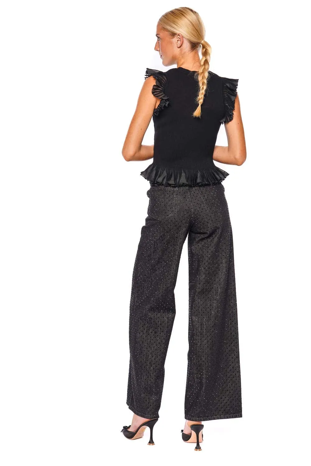 Leila Noir Ruffled Ribbed Knit Top