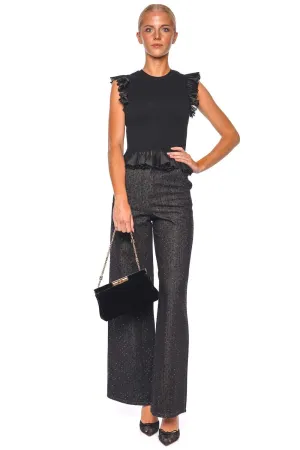 Leila Noir Ruffled Ribbed Knit Top