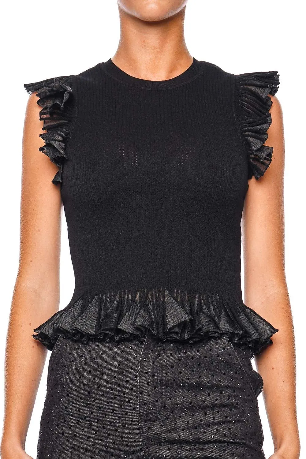Leila Noir Ruffled Ribbed Knit Top