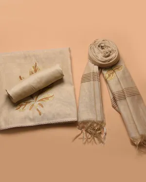 Light Beige Chanderi Tissue Blend Embroidered Unstitched Suit Fabric Set WIth Chanderi Tissue Dupatta