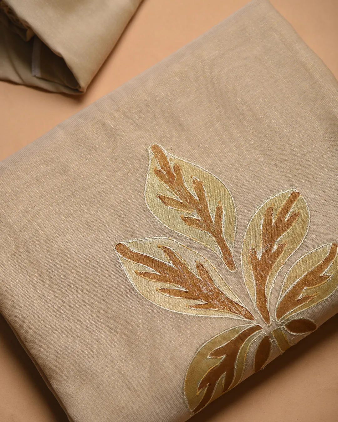 Light Beige Chanderi Tissue Blend Embroidered Unstitched Suit Fabric Set WIth Chanderi Tissue Dupatta